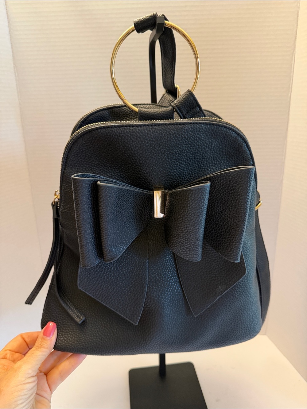 Crossi Black Bow Accent Women's Backpack Handbag NWOT